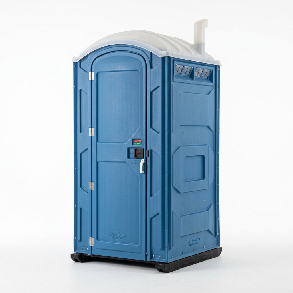 row of blue standard portable toilets
